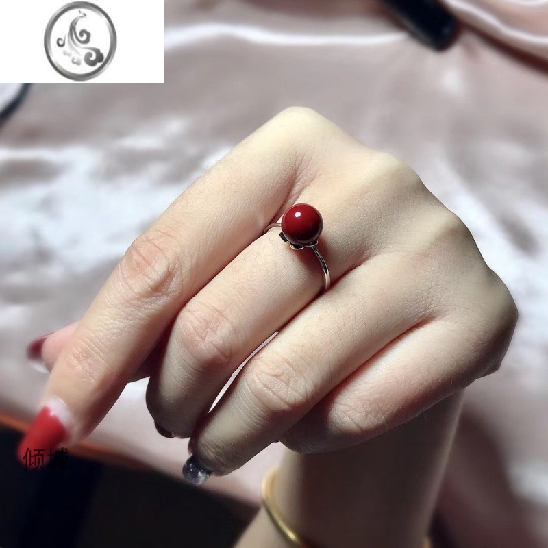 JiMi女款仿珊瑚红时尚贵气潮流风范花朵简约百搭女戒贝珠银银戒指指环 花朵银色款暗红10毫米珠子