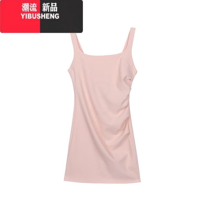 YIBUSHENG春茶肯豆同款吊带连衣裙牛油果绿显白U领修身显瘦褶皱背心长裙图片