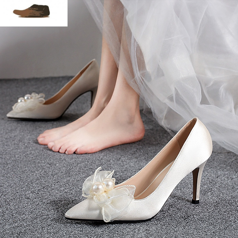 ideamini白色高跟鞋粗跟结婚鞋子女2021年新款婚纱新娘鞋孕妇平时可穿