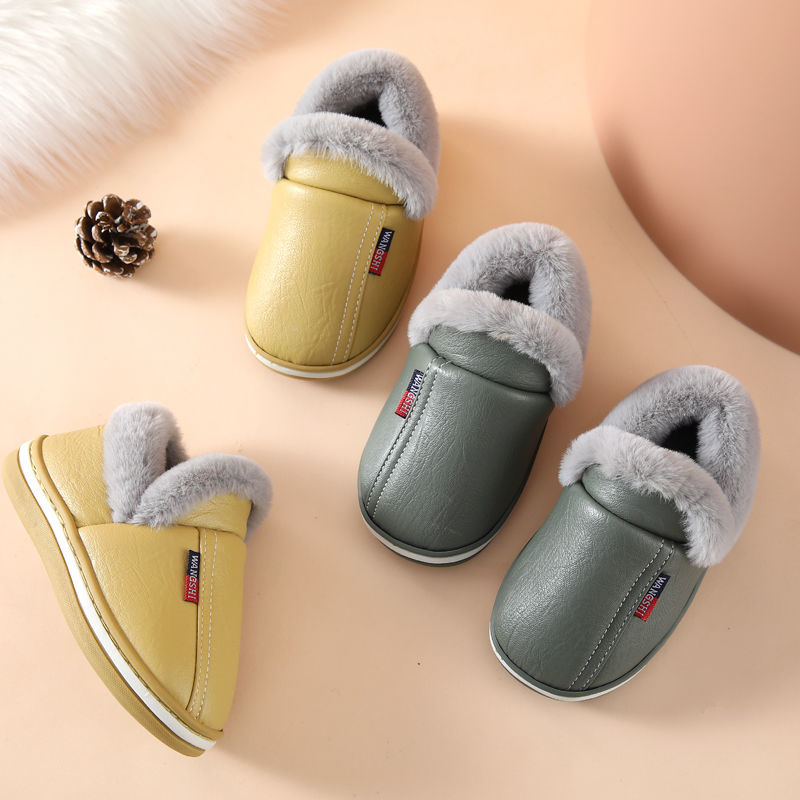 儿童拖鞋皮质PU防水防滑软底冬季保暖加厚男童女童棉鞋亲子高清大图