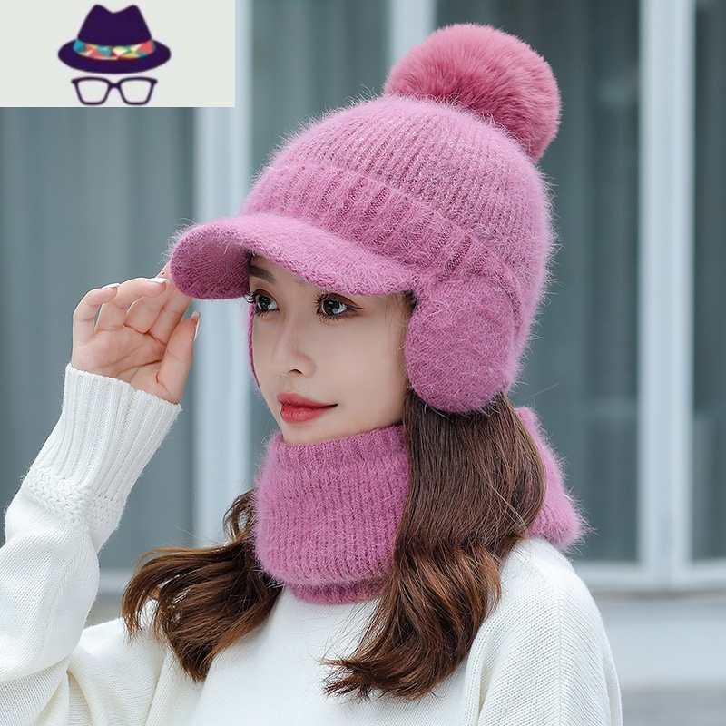 冬季帽子女保暖防寒毛线帽加绒厚防风棉帽圆脸适合东北护耳骑车帽fish