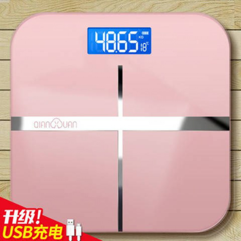 成人称重计器usb体重秤时光旧巷精准电子称人体秤。可充电家用健康秤 粉红圆秤28*28-电池款