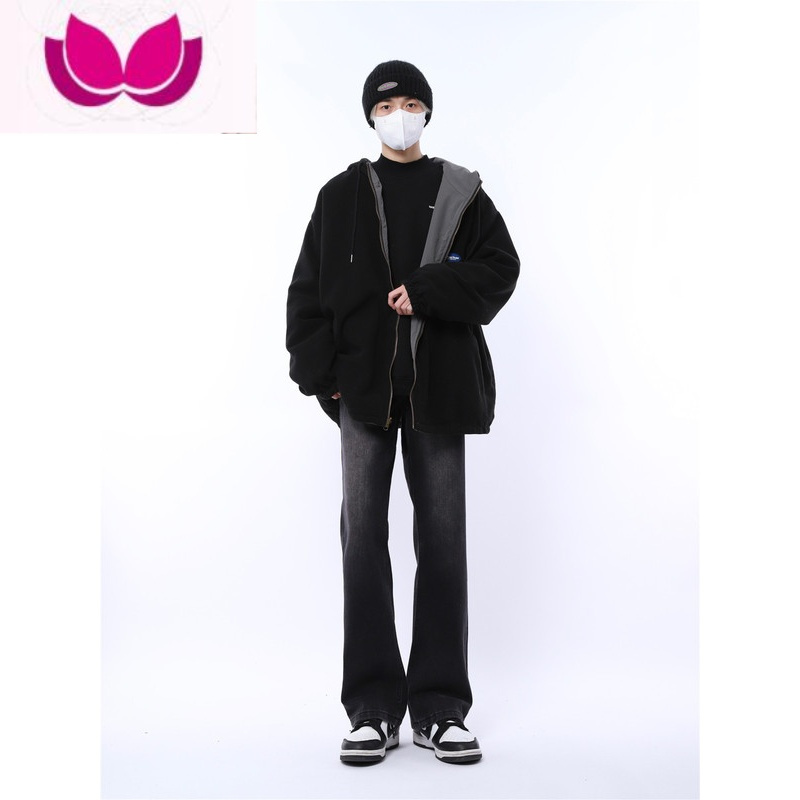 七斓妈个鸡妈 ins复古美式磨白微喇裤做旧显瘦水洗直筒阔腿牛仔裤男女