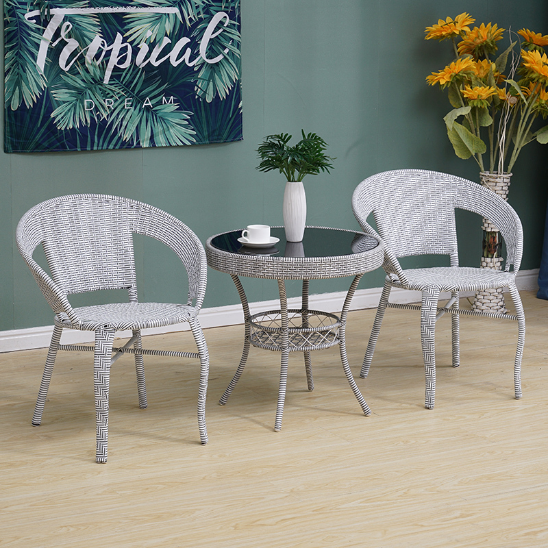 寻木匠阳台小圆桌椅玻璃圆桌子钢化藤编茶几圆形边角几简约休闲桌小