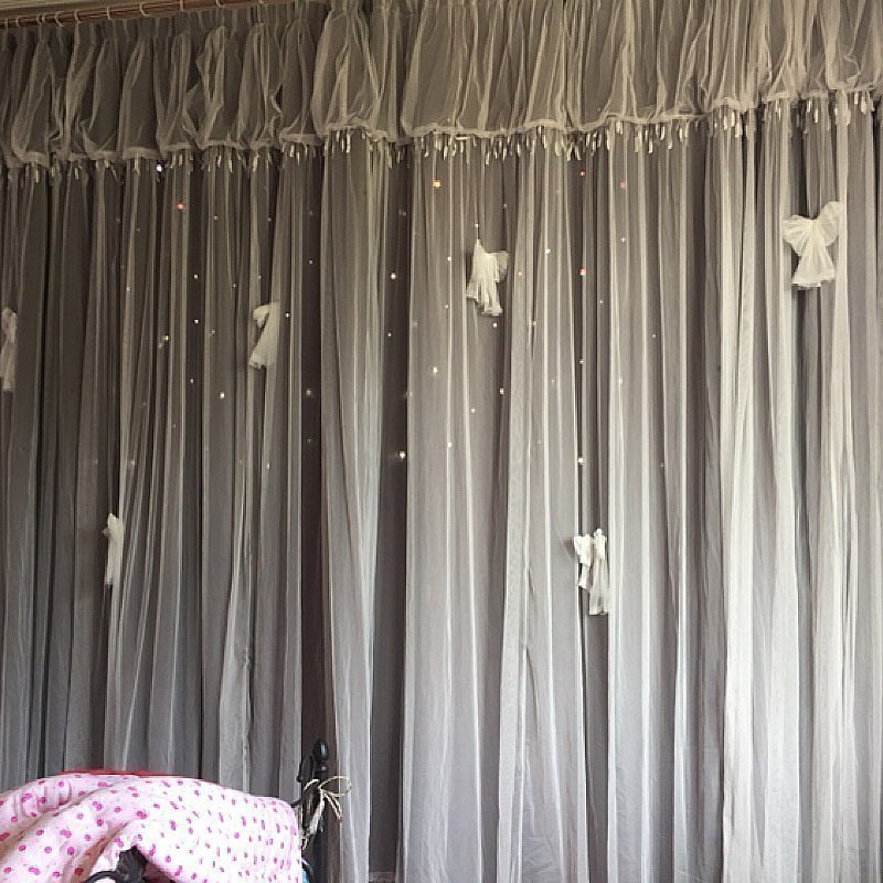 美帮汇韩式遮光卧室公主风星星窗帘成品儿童房梦幻女孩飘窗 90%遮光浅灰蒙娜星星（挂钩加工） 2.5宽*2.7高一片【可改短】