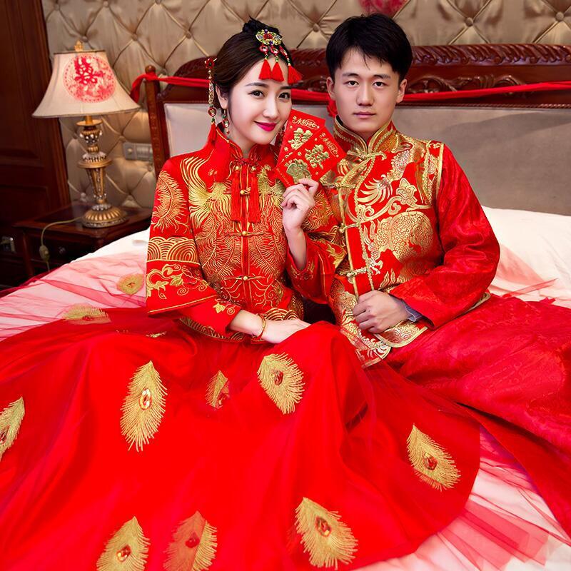 新郎新娘红色中式婚服古代古装婚礼服秀禾敬酒服古代婚纱男女套装