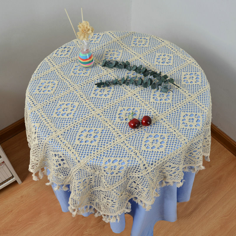 手工钩花蕾丝桌布布艺长方形餐桌小圆桌茶几桌布拍照 米色钩针桌布 50