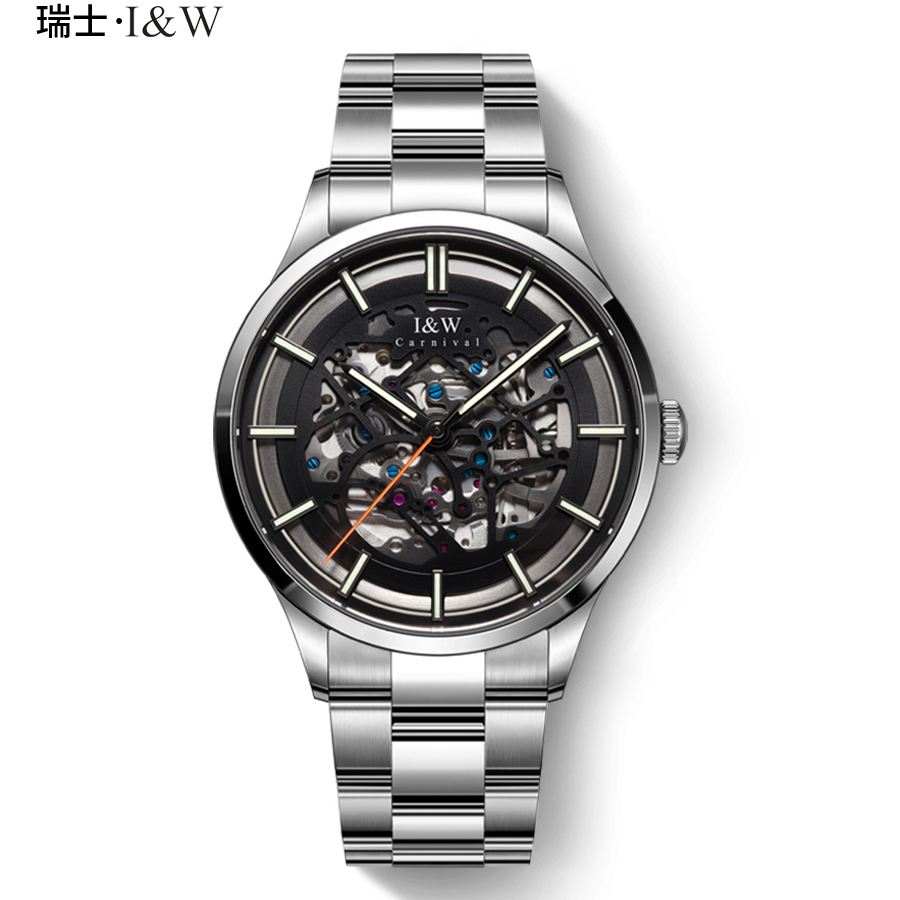 瑞士正品爱沃驰I&W CARNIVAL手表全自动机械表 男表进口机芯表镂空夜光时尚潮流防水表品牌腕表钢带588G 精钢本色带