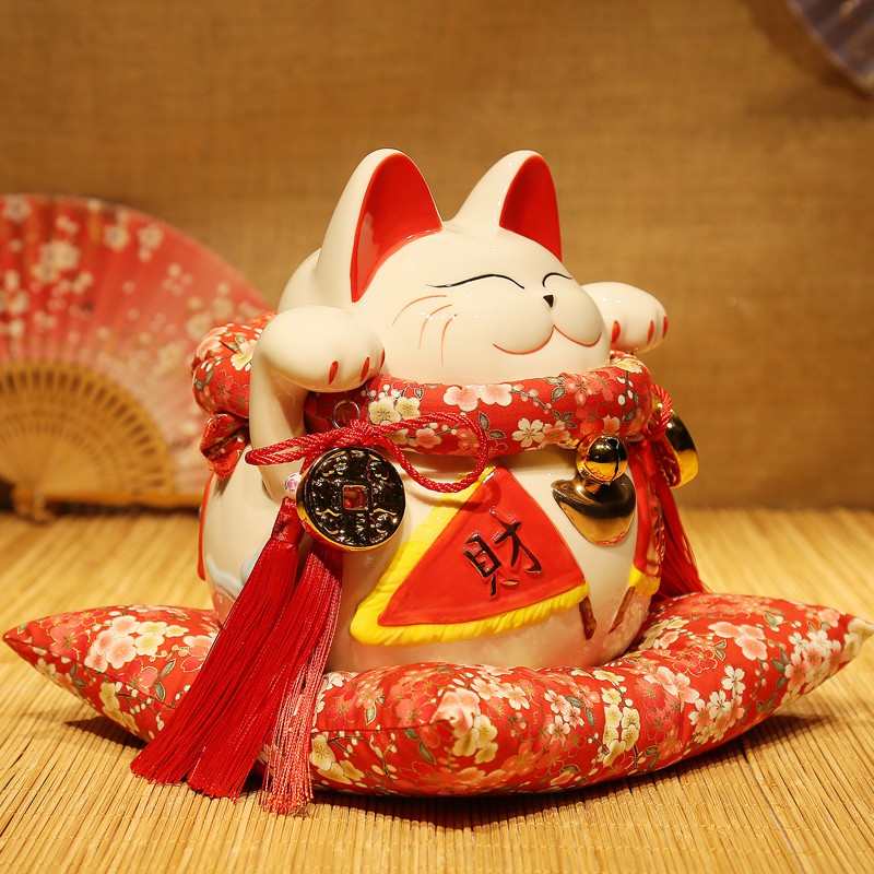 猫摆件 大号陶瓷日本猫储蓄罐 存钱罐 开业创意礼品 三维工匠 全家幸福(棉布垫)猫高清大图