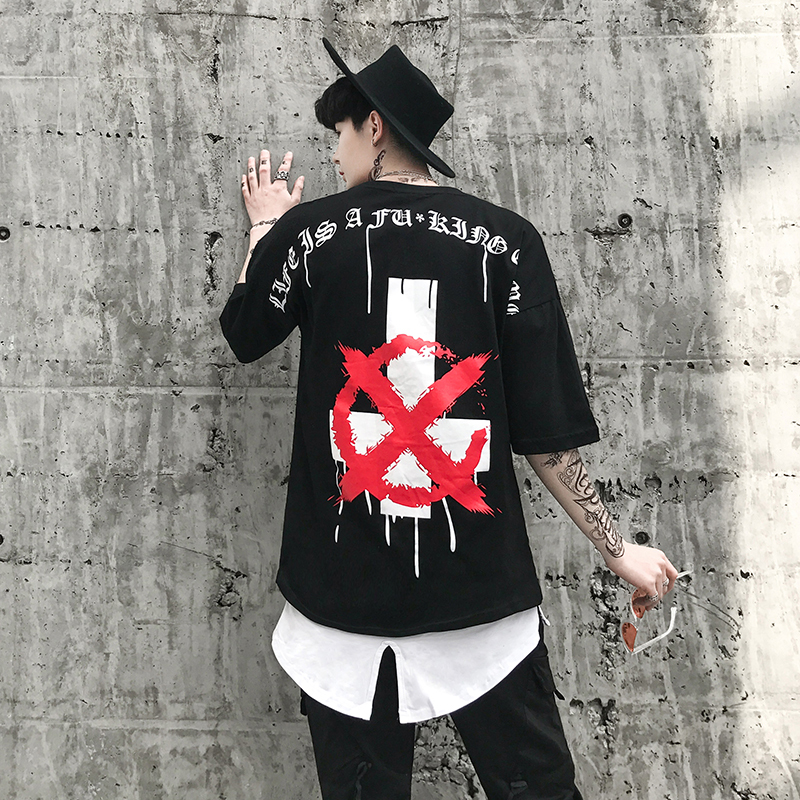 日系夏季青年原宿暗黑青年男个性印花圆领短袖T恤国潮半袖打底衫