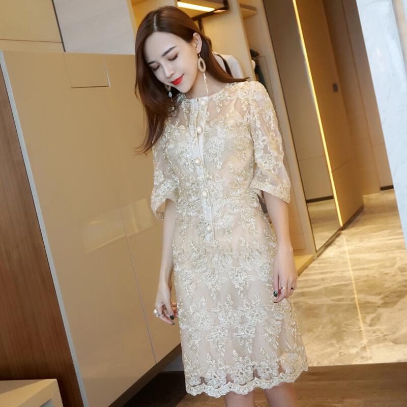 泰国潮牌欧根纱重工刺绣礼服裙名媛复古修身蕾丝连衣裙女中长裙子金色