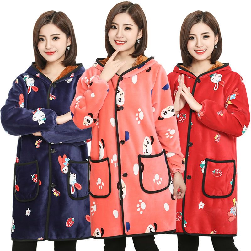 长袖秋冬保暖加绒加厚羽绒服罩衣成人围裙韩版时尚女法兰绒工作服