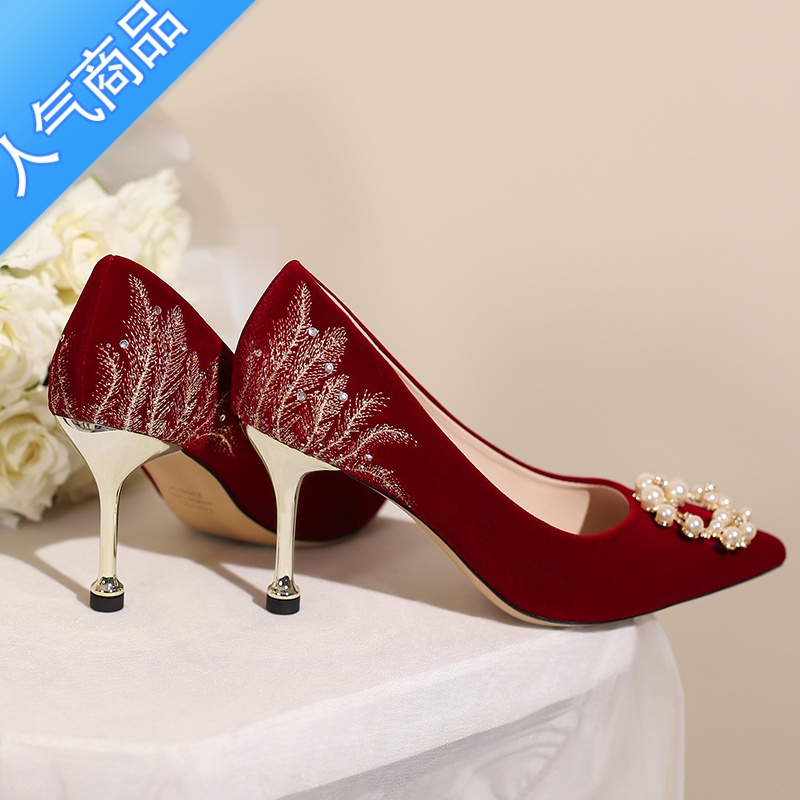 suntek酒红色结婚鞋女2023年新款中式秀禾服婚纱两穿新娘鞋高跟鞋不累