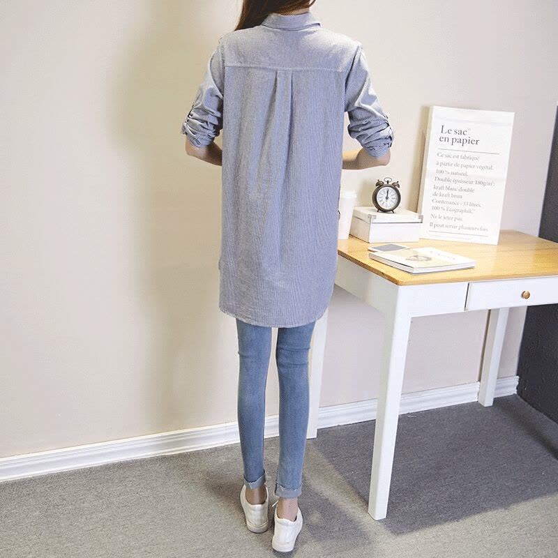 迪鲁奥(DILUAO)外穿条纹职业孕妇衬衫中长款翻领衬衣打底上衣2021秋装孕妇装 蓝条纹-长袖图片