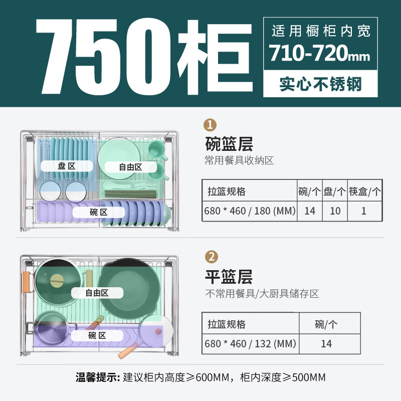 欧琳橱柜拉篮2008D厨房锅碗篮碗架双层抽屉式不锈钢阻尼轨道置物架碗架 柜体外径>=750mm