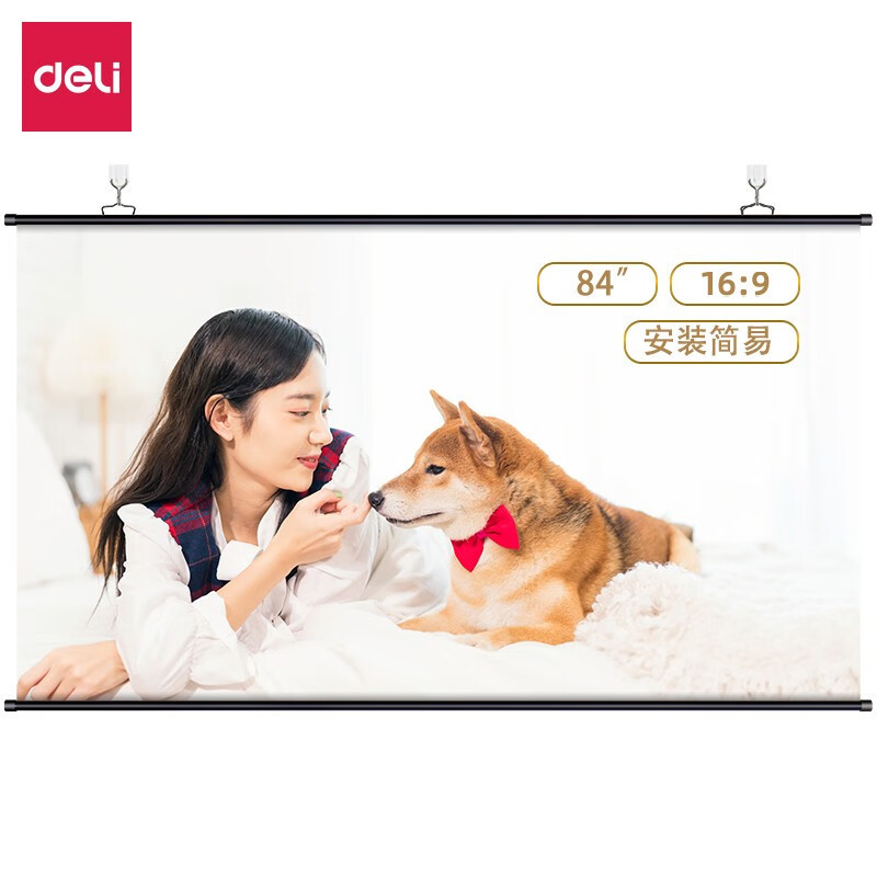 得力(deli) 16:9白塑简约悬挂式投影幕布 便携投影机投影仪幕布 50446