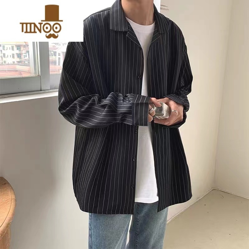 YANXU条纹衬衫男长袖大码港风日系宽松胖子衬衣休闲寸衫外套ins潮高清大图