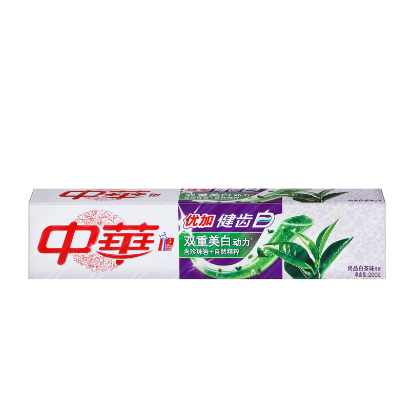 中华优加健齿白牙膏尚品白茶味护龈亮白清新200g54支整箱装