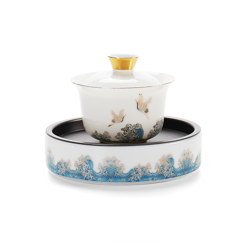領藝 祥鹤观海轻云盖碗茶杯大号单个陶瓷功夫茶具三才茶碗带壶承 祥鹤观海轻云微月盖碗