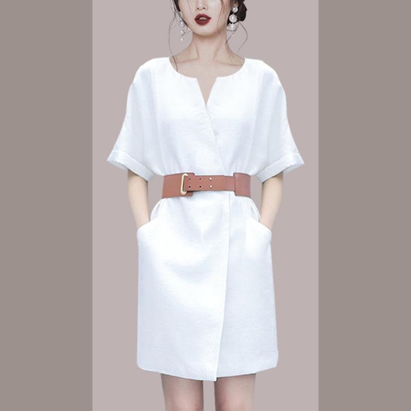 高端气质名媛连衣裙女2021年夏季新款女装短裙小个子修身显瘦裙子 白色连衣裙[送腰带+送吊带] XL