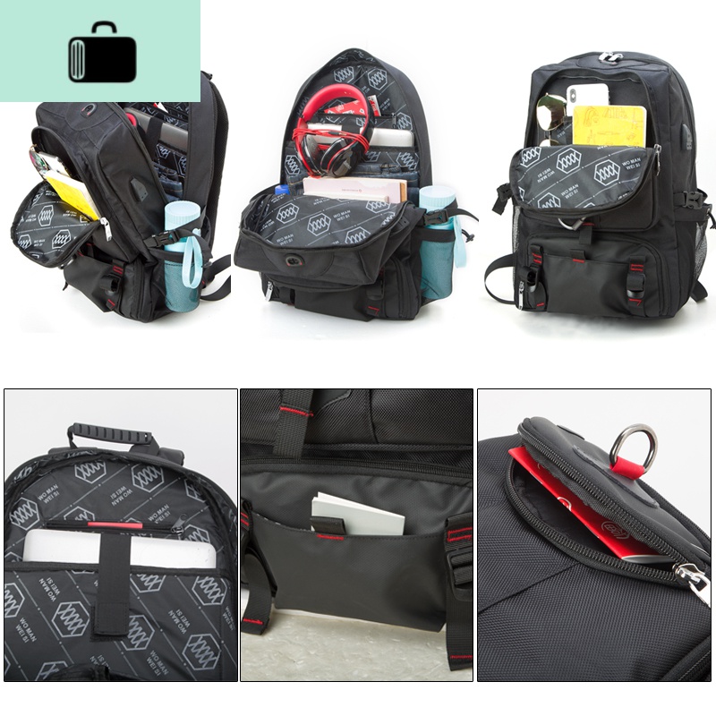 背包男韩版时尚潮流高中大学生书包电脑出差旅行旅游大容量双肩包NEW LAKE 285大号双接口黑色配胸包高清大图