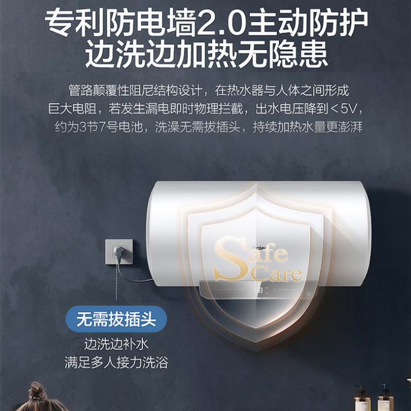海尔(Haier)电热水器50升2200W速热健康抑菌钼金加热管一级能效家用卫生间淋浴 Q5高清大图