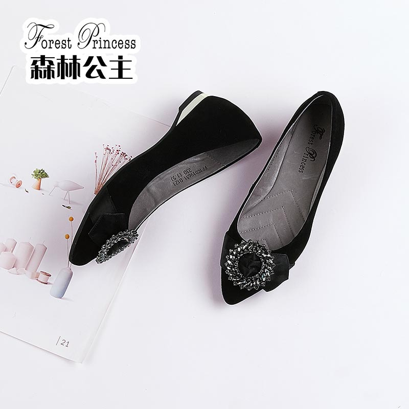 森林公主女鞋春季新款一脚蹬小皮鞋女水钻蝴蝶结黑色真皮百搭女单鞋
