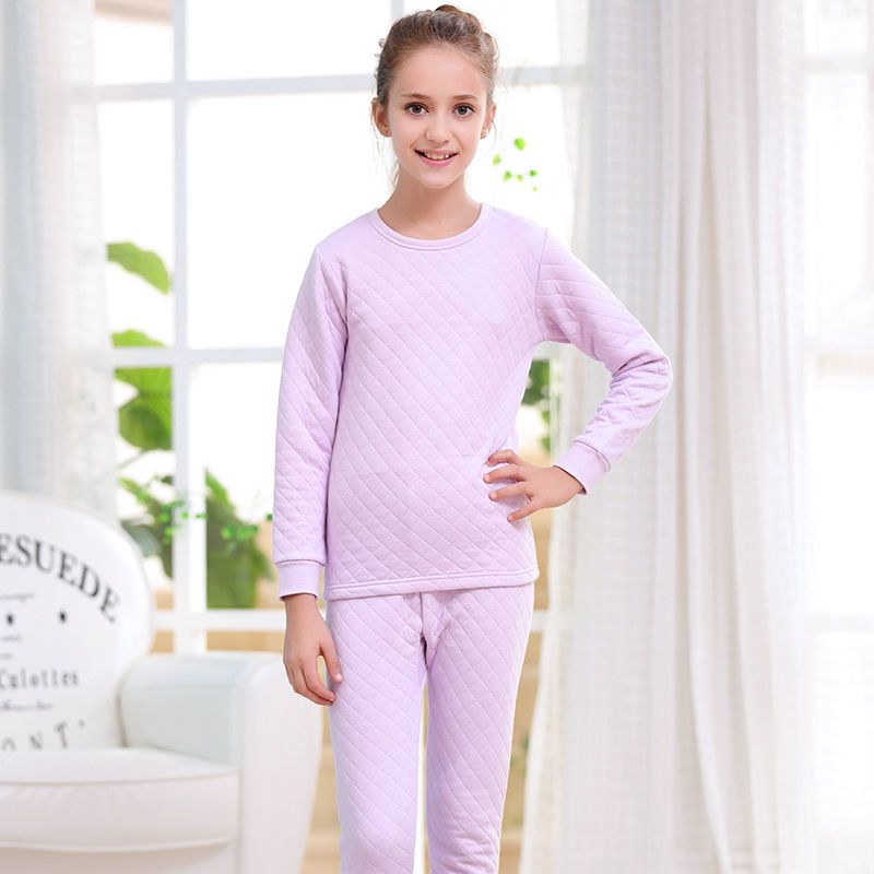 儿童保暖内衣套装夹棉男童秋装女孩中大童学生秋冬圆领冬季男童浅蓝