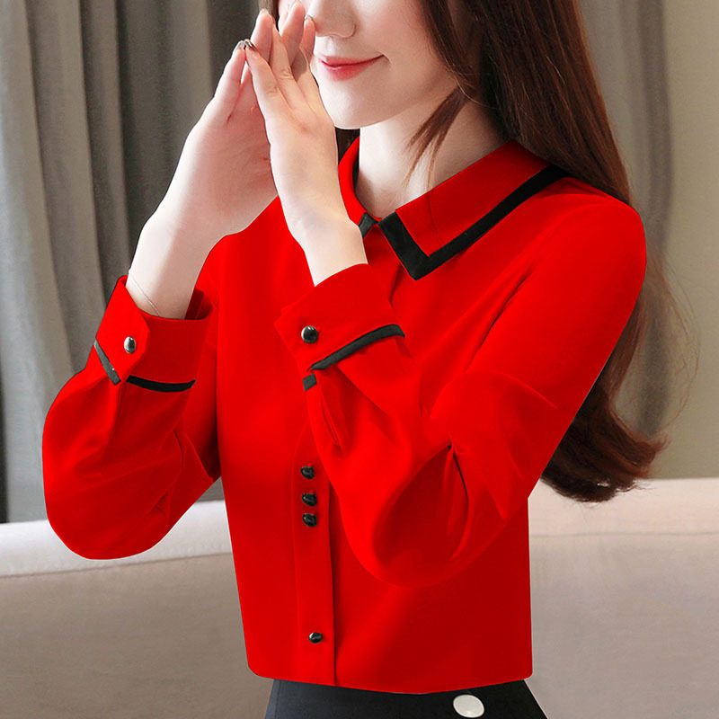 红色雪纺衬衫女春秋装2021年新款女士衬衣时尚洋气外穿长袖上衣女