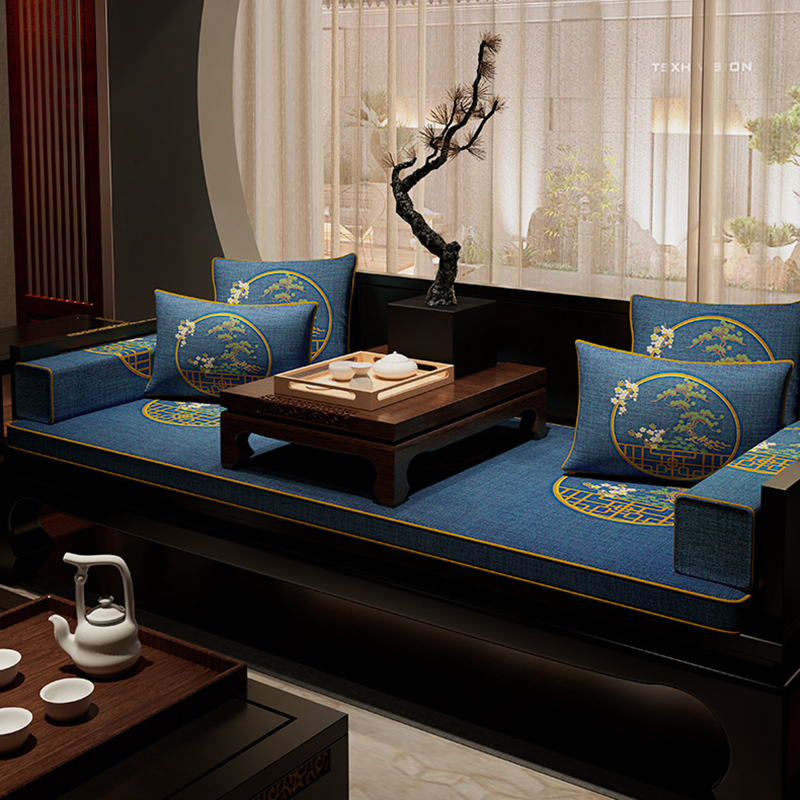 新中式红木沙发坐垫四季可用高精密面料椅垫防滑实木海绵垫罗汉床刺绣