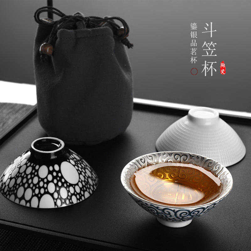 999纯银手工鎏银茶杯斗笠杯陶瓷品茗杯茶碗镶银主人杯茶盏杯礼品