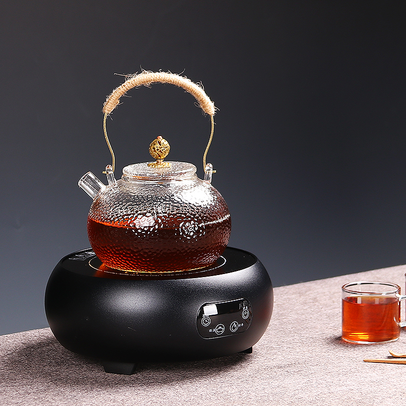 尚帝 电陶炉茶炉家用迷你铁壶煮茶炉不挑壶玻璃烧水壶煮茶 黑金刚鼓型触摸电陶炉捶纹玻璃圆趣茶壶茶杯套装