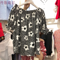 特惠碎花荷叶边一字肩露锁骨短袖雪纺衫衬衫女韩范气质性感衬衣上