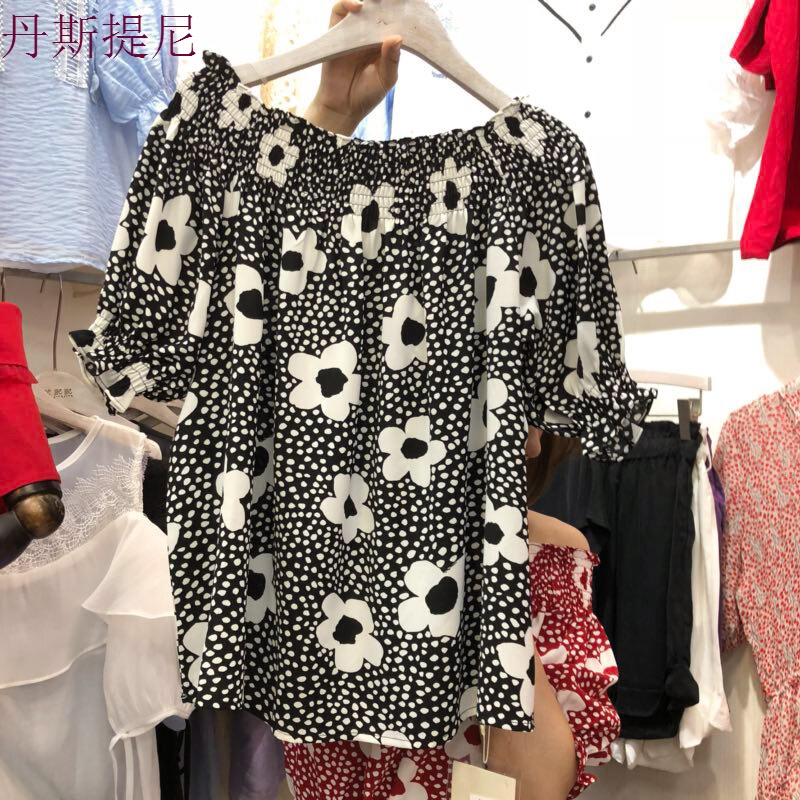 特惠碎花荷叶边一字肩露锁骨短袖雪纺衫衬衫女韩范气质性感衬衣上