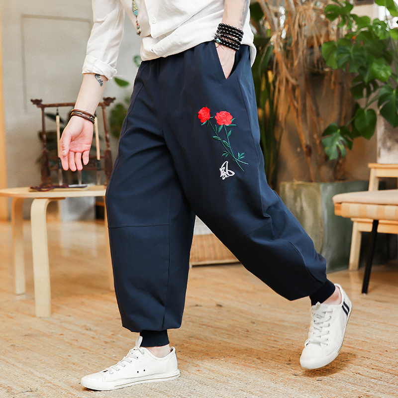 春季男款宽松哈伦裤中国风刺绣束脚灯笼裤男新品亚麻萝卜长裤子男