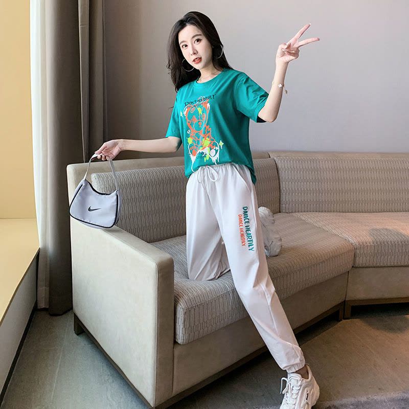 真维斯2022年夏季新款运动服短袖减龄休闲洋气长裤两件套装女潮流图片