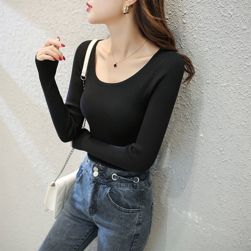 打底针织衫女薄款毛衣长袖圆领黑色春秋修身显瘦套头内搭紧身上衣毛衣