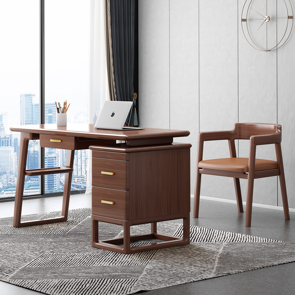 木格尚品 新中式实木书桌胡桃木书房家具套装组合家用办公桌轻奢书法