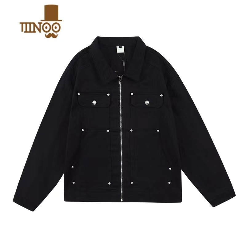 YANXU美式潮牌oversize撞钉贴片牛仔外套男高街复古嘻哈宽松拉链夹克片高清大图