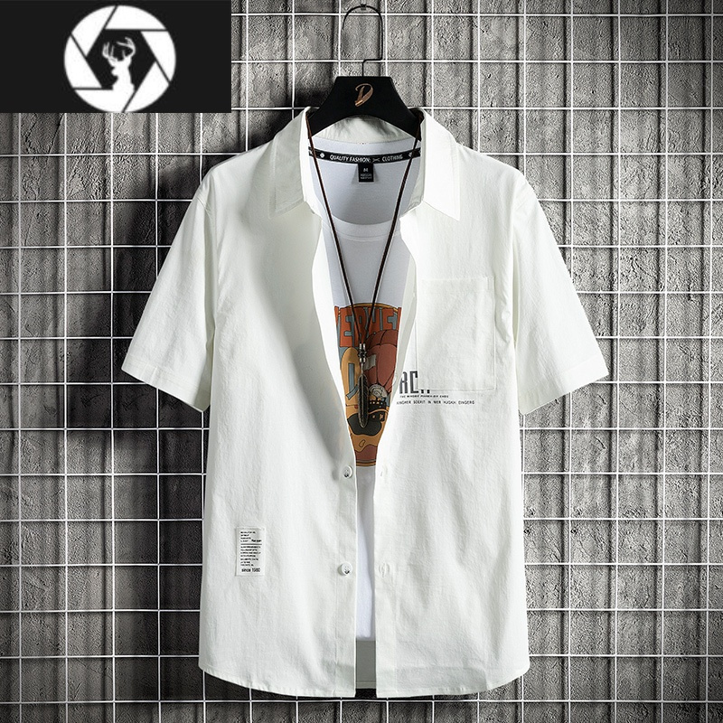 hongzun短袖衬衫男士夏季薄款痞帅半袖衬衣潮流休闲宽松五分袖防晒
