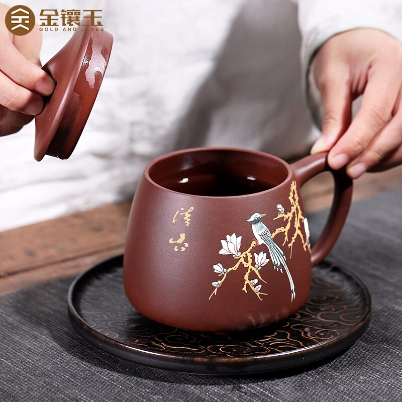 金镶玉 史文俊鹊喜杯 宜兴紫砂杯茶杯泡茶杯茶具办公品茗石瓢盖杯 500ml高清大图