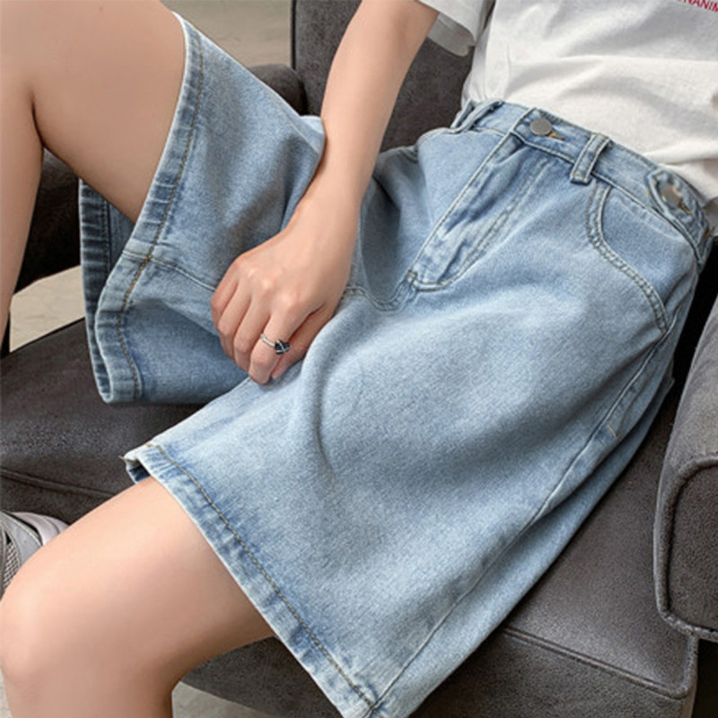 [2.5折价68.2元叠加优惠券]唐狮牛仔中短裤女春夏季薄款冰感短裤女时尚浅牛仔蓝色牛仔阔腿中裤女