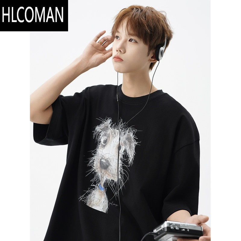 HLCOMAN美式卡通印花情侣T恤男夏季高街设计感百搭休闲短袖潮牌宽松体恤