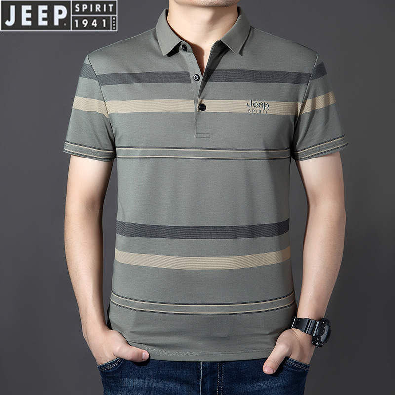 jeepspirit条纹翻领短袖t恤男polo衫新款男装透气休闲上衣8608