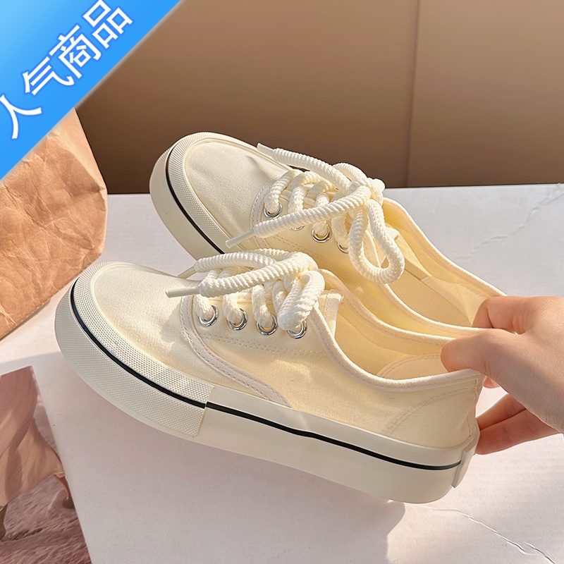 SUNTEK韩版百搭超火小白鞋女2023夏季薄款透气小众设计帆布鞋配裙子女鞋高清大图