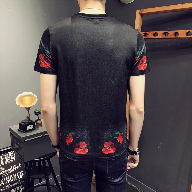 夏季美女印花短袖T恤男装潮流时尚半袖体恤加肥加大码衣服黑色