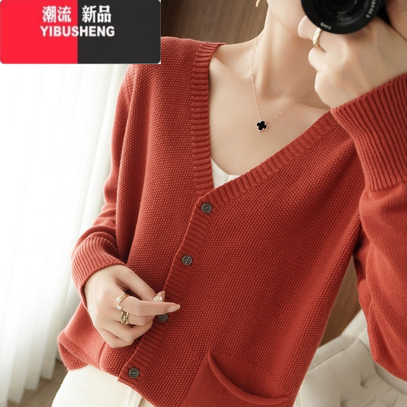 YIBUSHENG复古文艺风开衫女V领宽松短款外套针织长袖气质轻熟毛衣 砖红色 S建议80-90斤