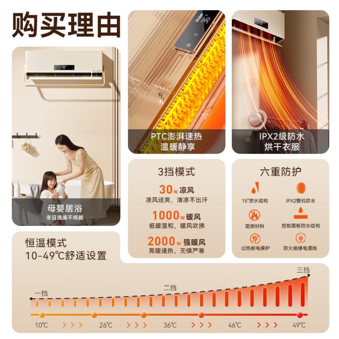 海尔(Haier)壁挂暖风机免打孔悬挂台壁两用取暖器浴室洗澡防水浴霸电暖器台式轻音电暖气智能语音卧室卫生间 摆叶/毛巾架高清大图