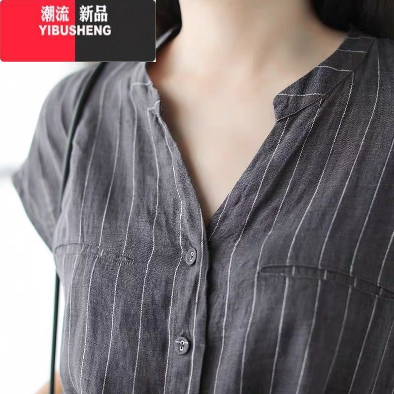 YIBUSHENG日系轻奢收腰系带亚麻衬衫连衣裙女条纹棉麻气质显瘦短袖工装裙子