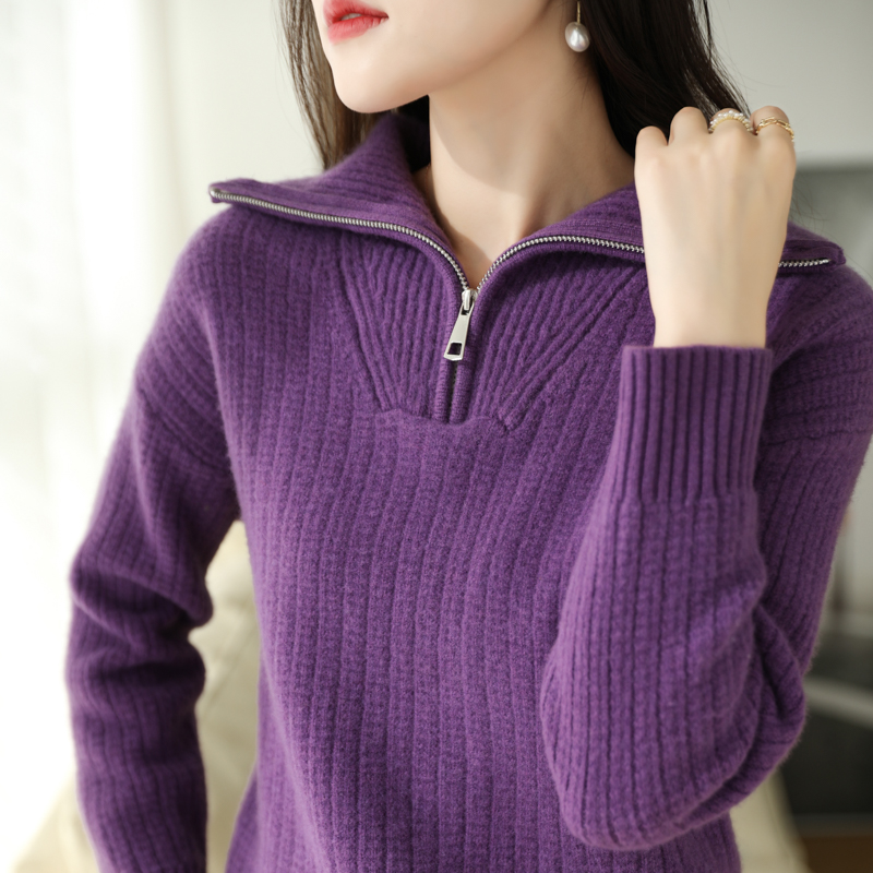 秋冬新款100纯羊毛衫女半高开拉链领毛衣套头宽松新款可翻领春秋宽松加厚外穿羊毛衫内搭翻领针织打底衫半拉链毛衣女上衣高清大图